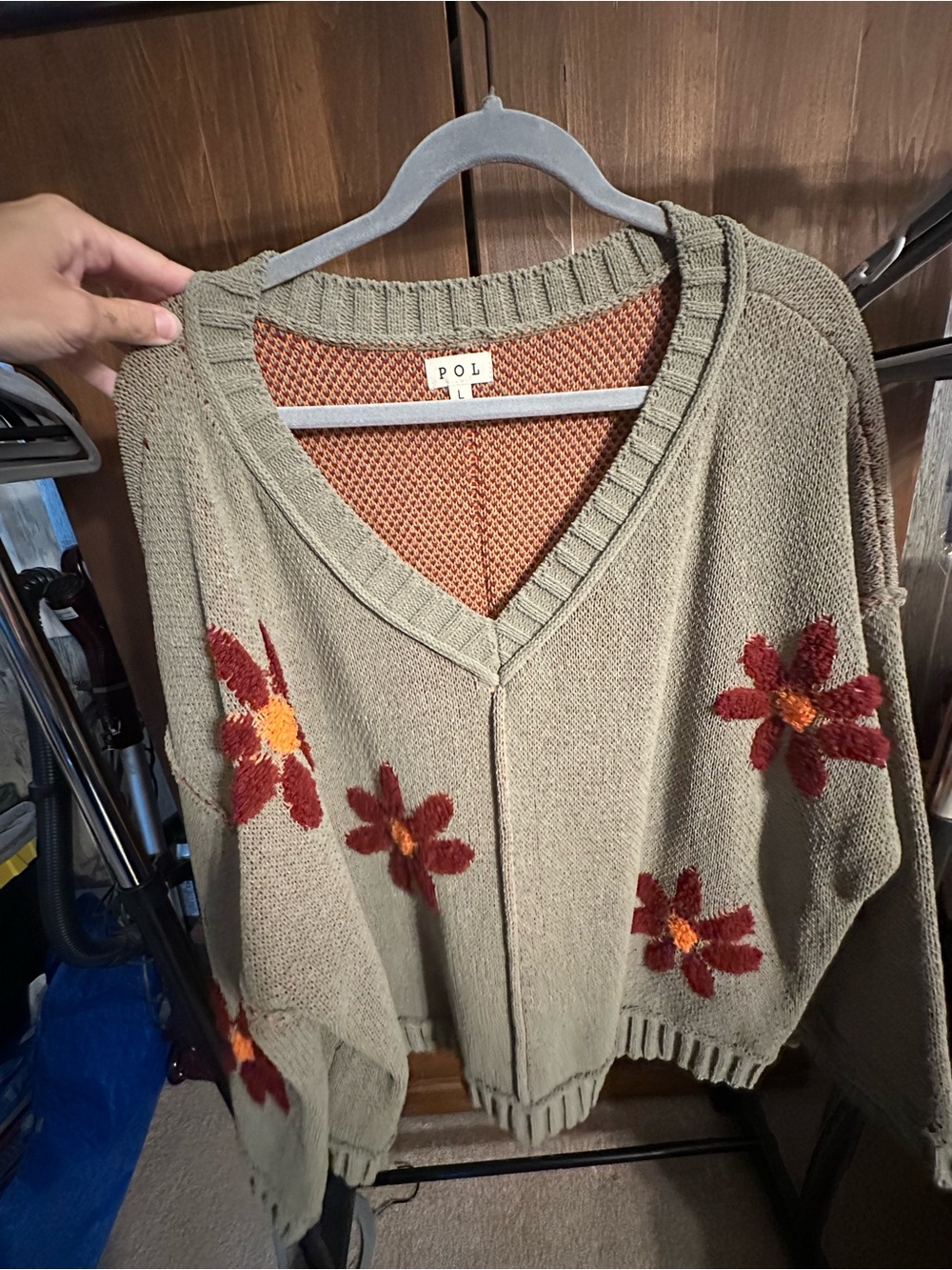POL Olive Green V-Neck Sweater with Red and Orange Floral Embroidery